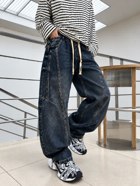 Men’s Dark Blue Baggy Seam Detail Jeans