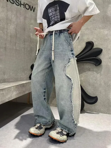 Men’s Light Blue Contrast Panel Baggy Jeans