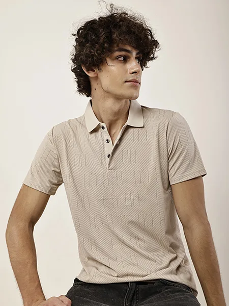 ZAKH Men's Beige Geometric Print Polo T-Shirt