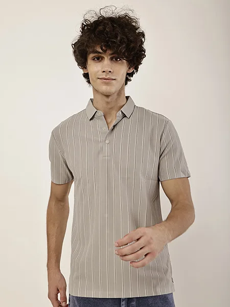 ZAKH Men's Taupe Striped Polo T-Shirt