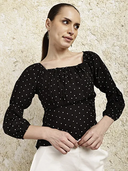 Black Polka Dot Smocked Peplum Top