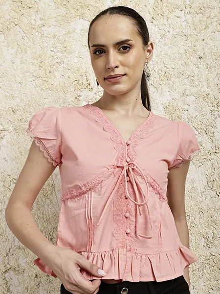 Pink Lace Trim Tie-Front Peplum Top