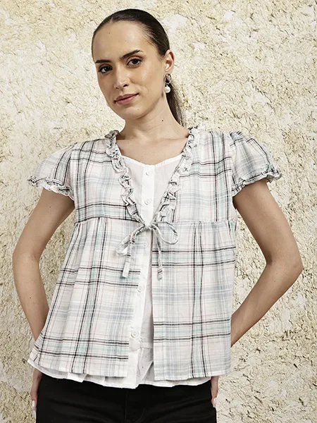 Plaid Ruffle Trim Tie-Front Top