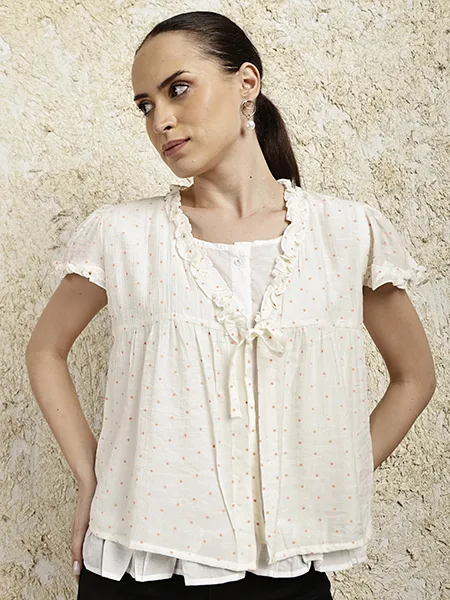 Polka Dot Ruffle Trim Tie-Front Top