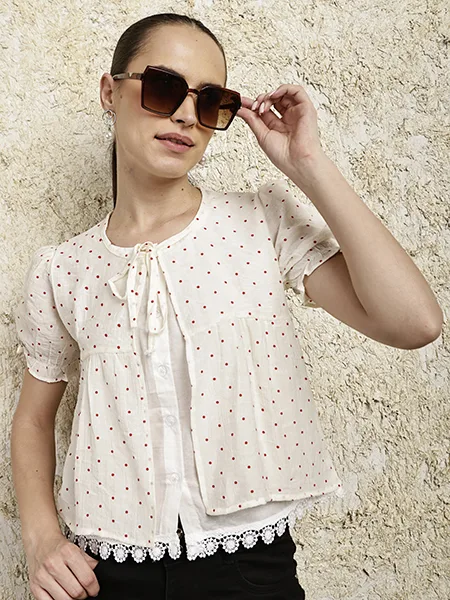 Red Polka Dot Ruffle Trim Top