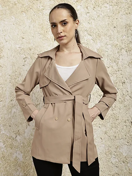 Beige Belted Double-Breasted Midi Overcoat