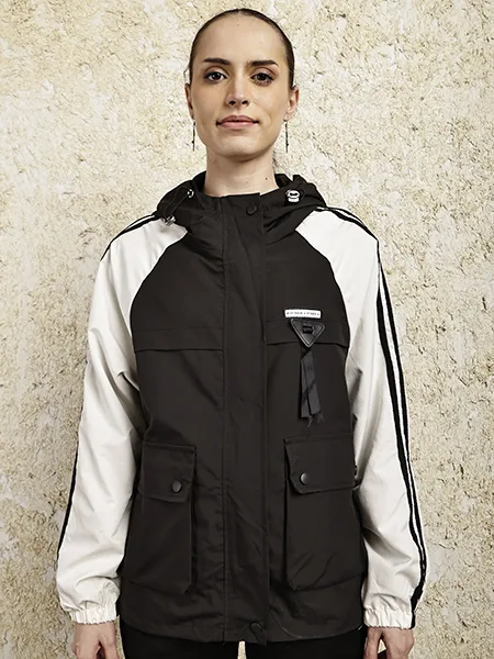 Black & White Colorblock Hooded Utility Jacket
