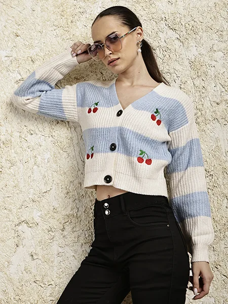 Cherry Embroidered Blue Striped Cropped Cardigan