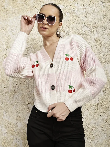 Cherry Embroidered Pink Striped Cropped Cardigan