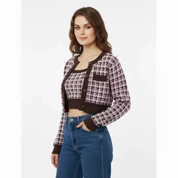 Mocha Grid Knit Co-Ord – Cropped Cardigan & Tank Set