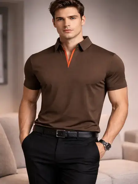 Modern Brown Polo Shirt with Contrast Collar