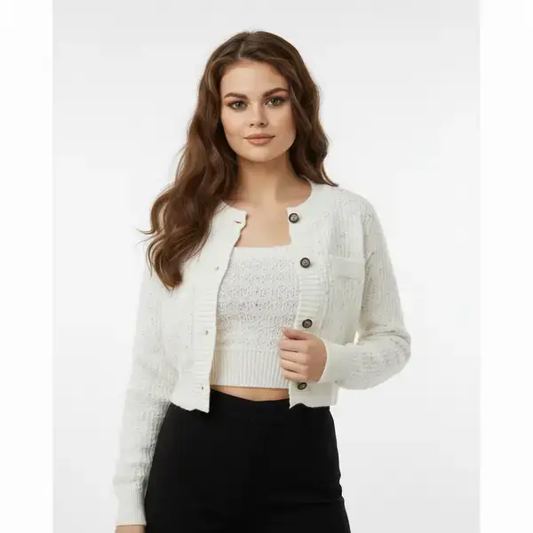 Ivory Grid Knit Co-Ord – Cropped Cardigan & Tank Set