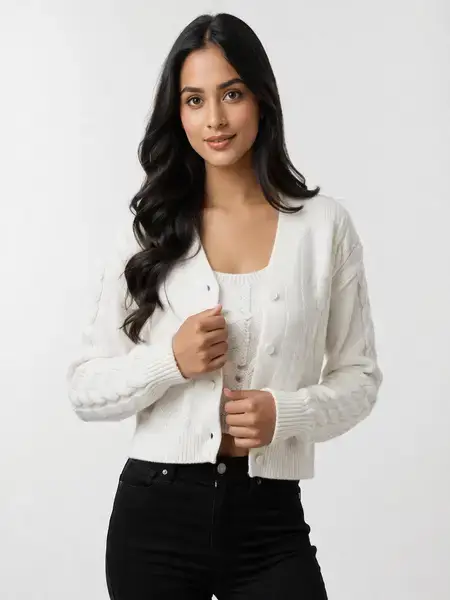 Ivory Knit Co-Ord – Buttoned Cardigan & Cable Tank
