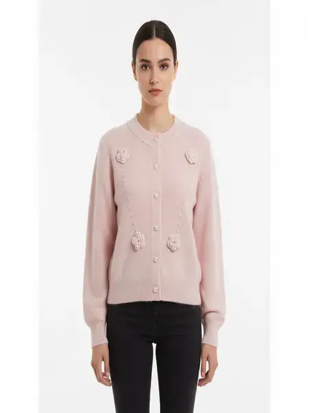 Light Pink Floral Pearl Knit Sweater