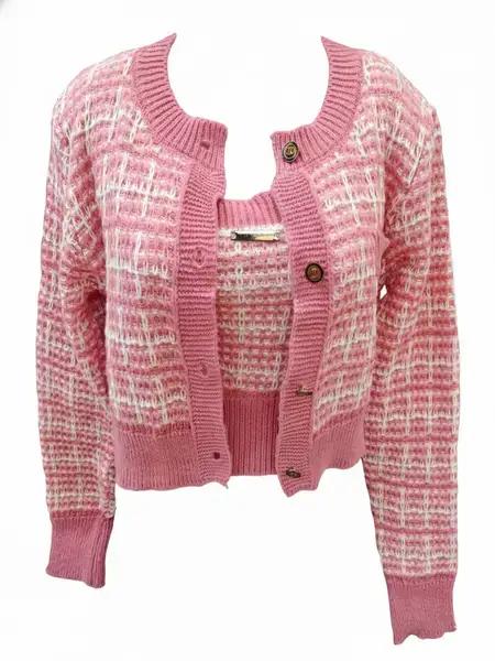 Pink Grid Knit Co-Ord – Buttoned Cardigan & Tank Set