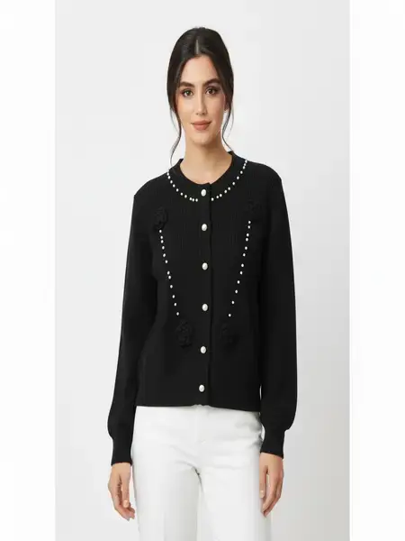 Black Pearl-Embellished Floral Knit Cardigan
