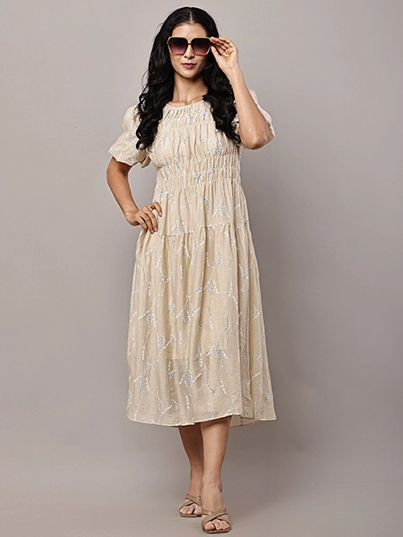 Beige Smocked Floral Midi Dress