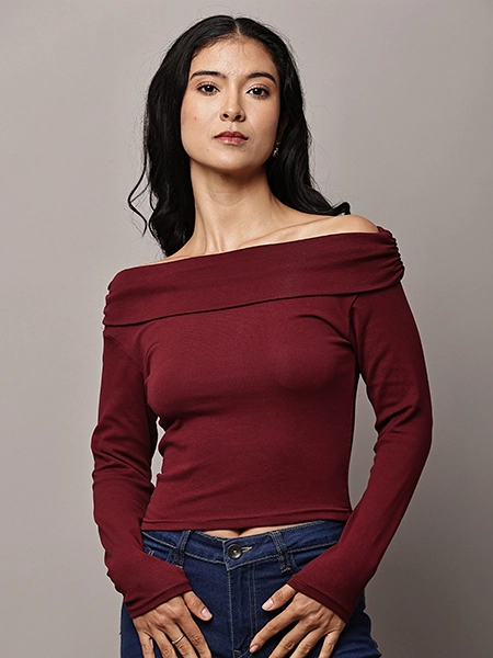 Off-Shoulder Drape Code Knit Top