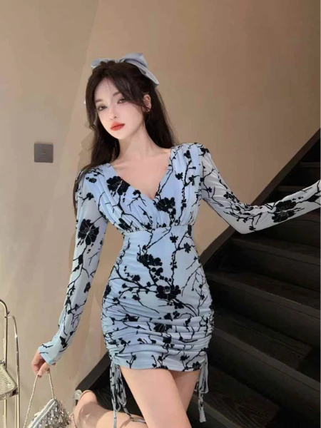 Light Blue Sheer-Sleeve Ruched Dress