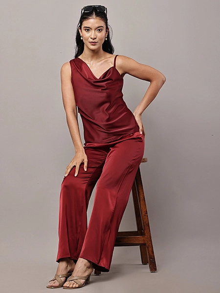 Maroon Asymmetrical Top & Wide-Leg Pants Set