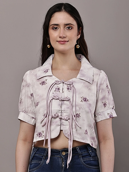 Tie-Front Collared Crop Top