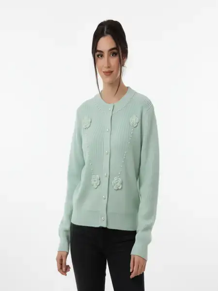 Light Green Floral Pearl Knit Sweater