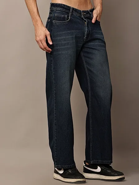 Dark Blue Straight Fit Washed Jeans