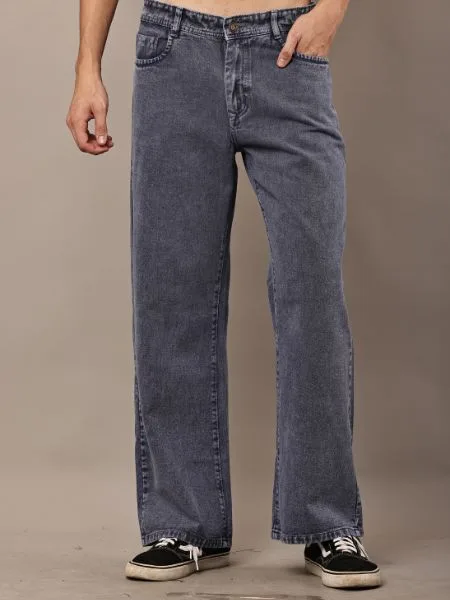 Dark Grey Straight Fit Washed Jeans