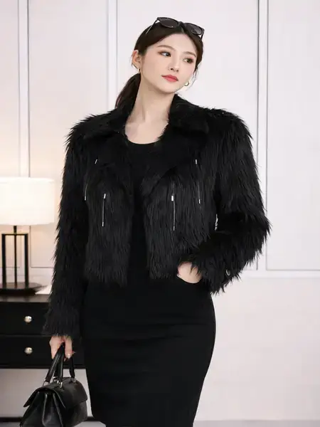 Black Feathered Faux Fur Jacket