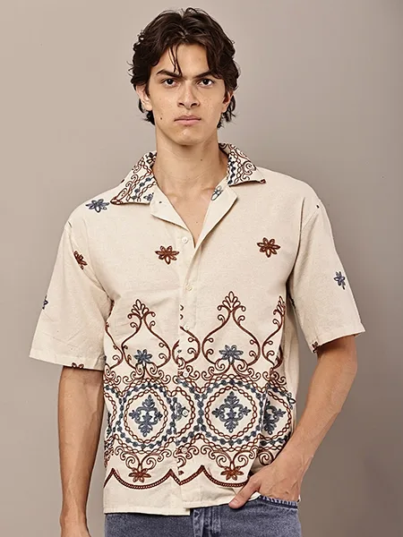 Beige Embroidered Casual Shirt
