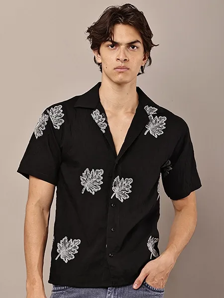 Black Embroidered Resort Shirt