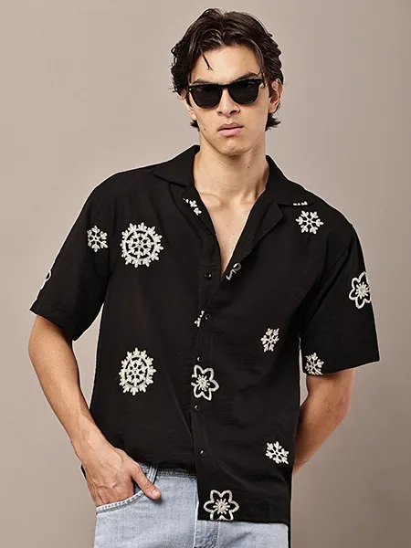 Black Floral Embroidery Resort Shirt