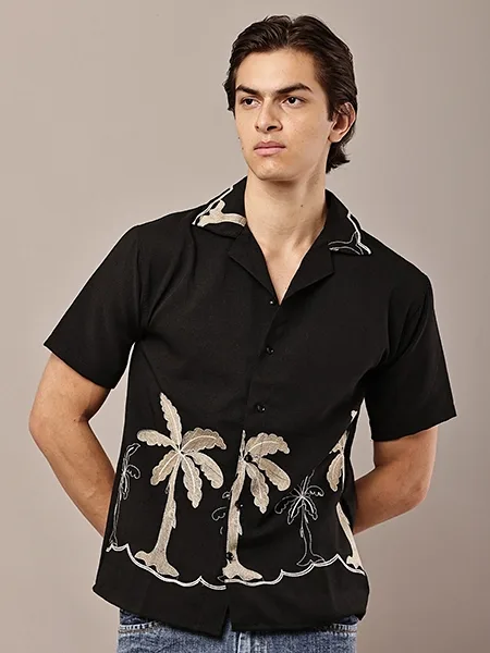 Black Tropical Embroidered Shirt