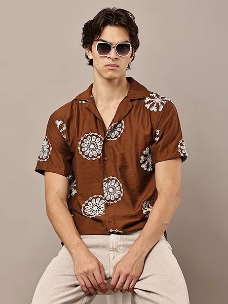 Brown Embroidered Vacation Shirt