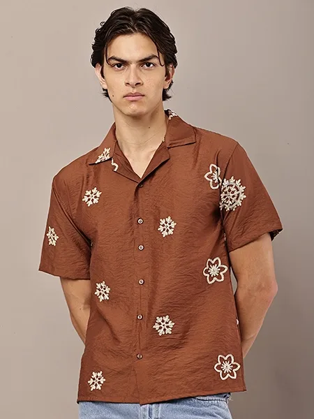 Mocha Bloom Embroidered Cuban Collar Shirt