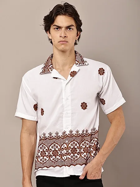 White Floral Embroidered Resort Shirt