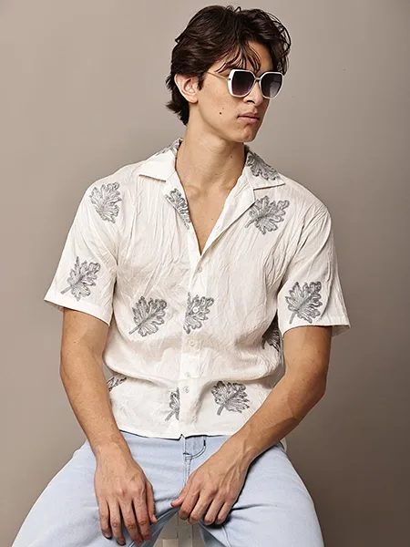 White Leaf Embroidered Resort Shirt