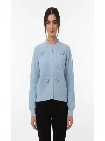 Light Blue Floral Beaded Knit Cardigan