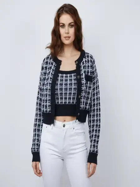 Monochrome Grid Knit Co-Ord – Buttoned Cardigan & Tank Set